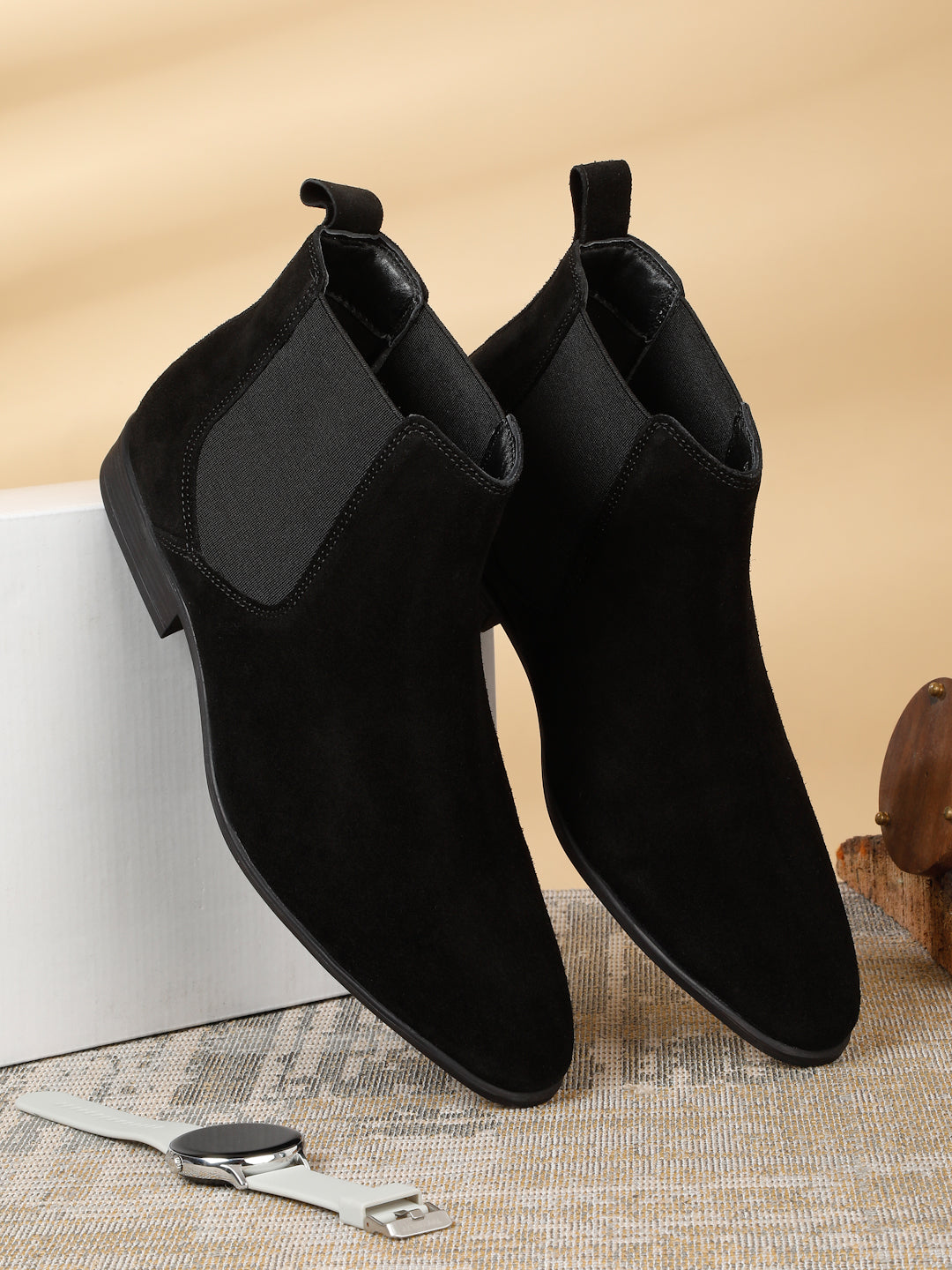 Men's Black Suede Leather Mid-Top Chelsea Boots - Main Image