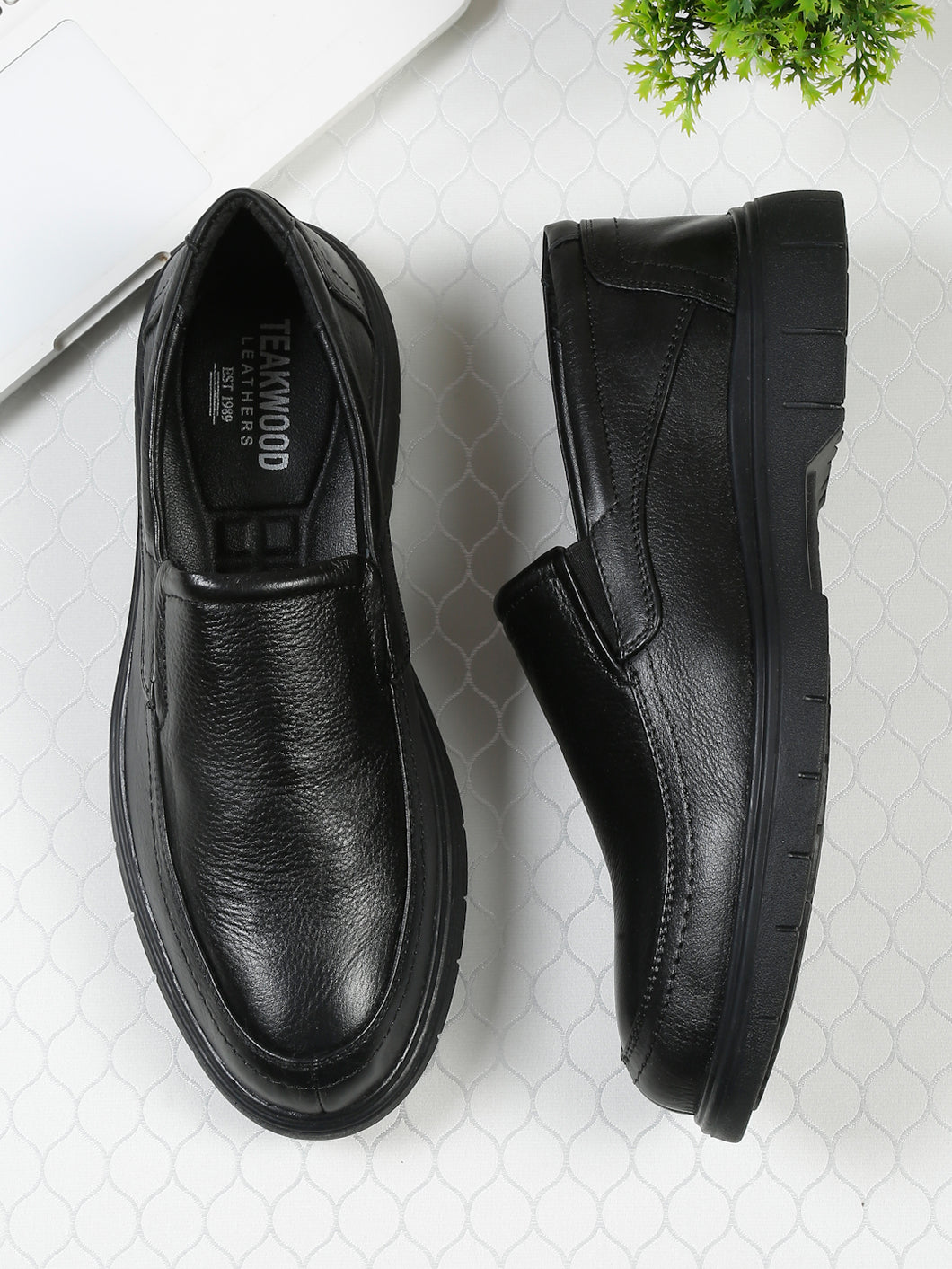 Men Black Leather Solid Slip-On Shoes