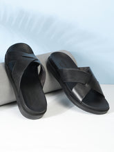 Load image into Gallery viewer, Men&#39;s Black Leather Criss - Cross Slippers
