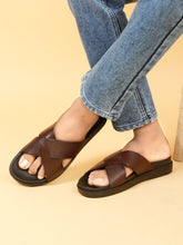 Load image into Gallery viewer, Men&#39;s Brown Leather Criss - Cross Slippers
