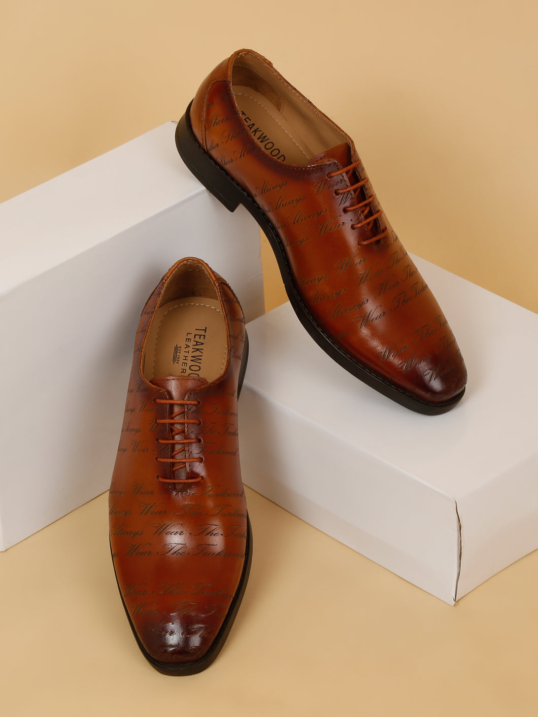 Men Brown Printed Leather Formal Oxford Shoes