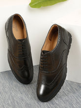 Load image into Gallery viewer, Men Black Leather Lace-Up Brogue Derby Shoes
