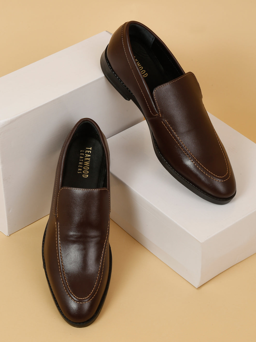 Men Brown Solid Leather Formal Slip-On Shoes Teakwood Leathers Men Brown Solid Leather Formal Slip-On Shoes Teakwood Leathers
