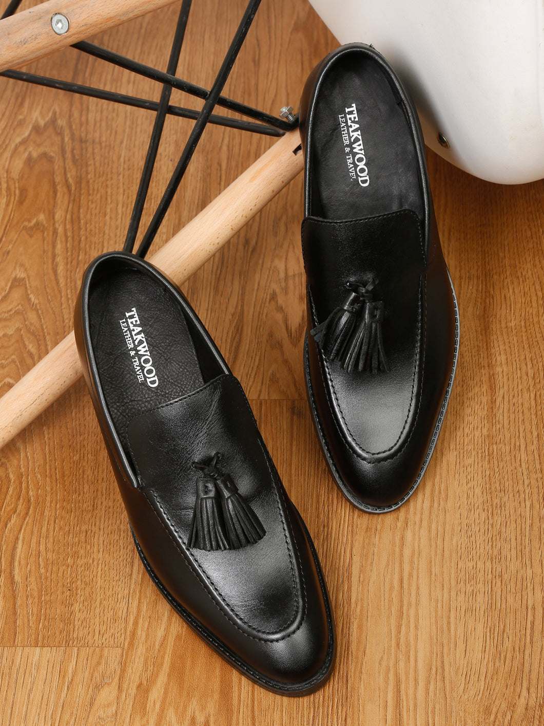 Teakwood Men Leather Black Tassel Loafers