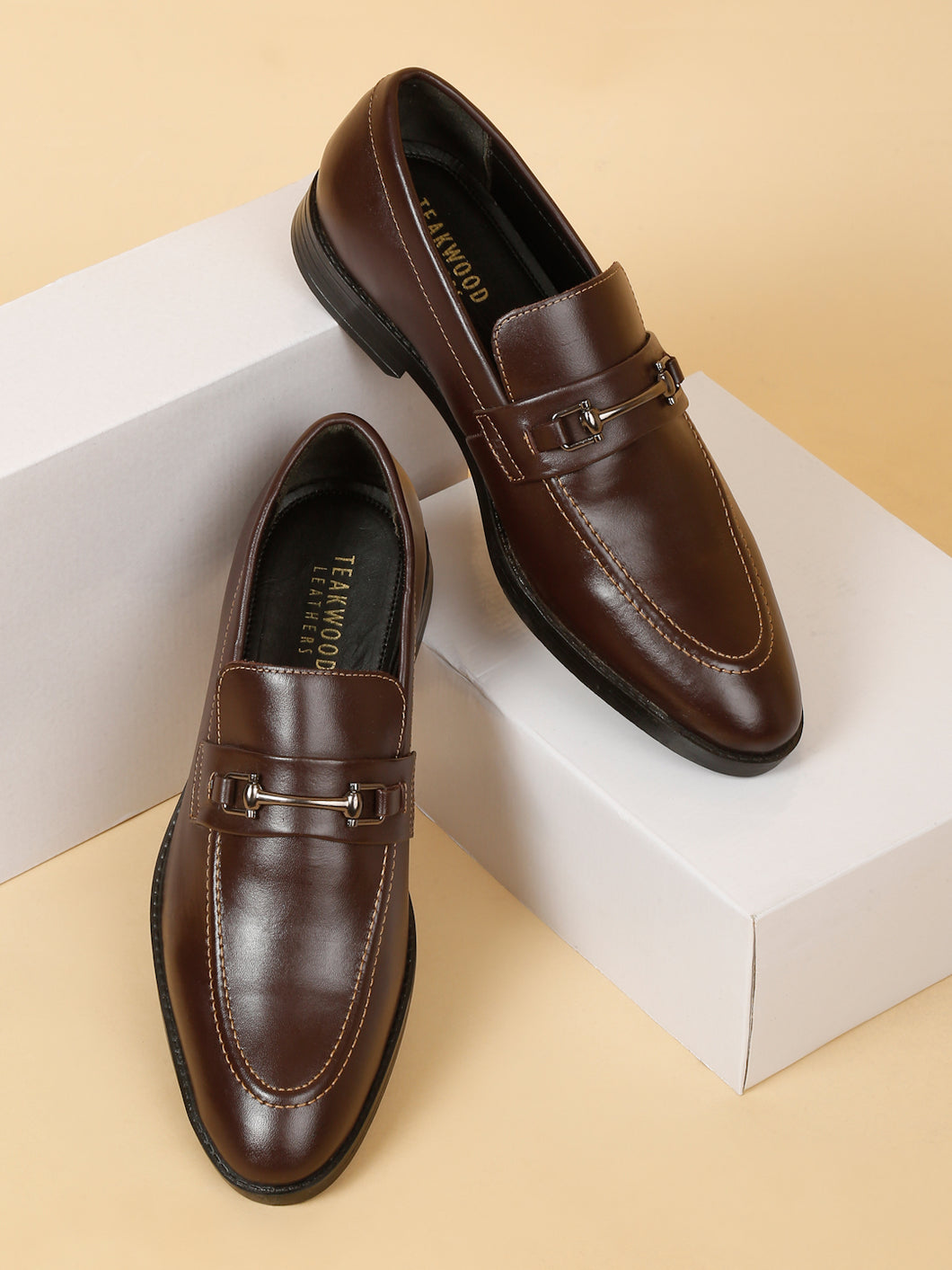 Men Brown Solid Leather Slip-On Formal Shoes Teakwood Leathers Men Brown Solid Leather Slip-On Formal Shoes Teakwood Leathers