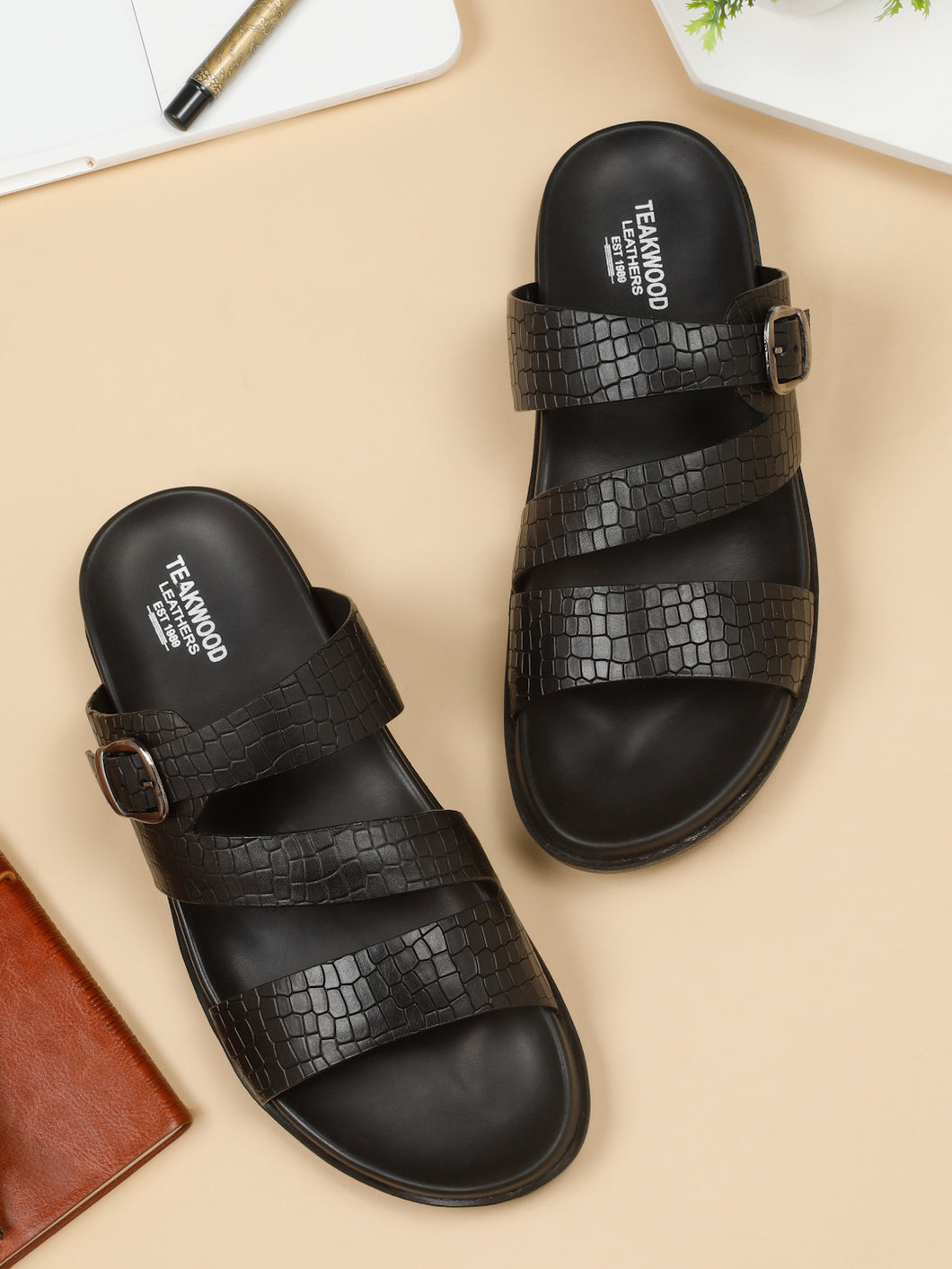 Black leather slippers deals