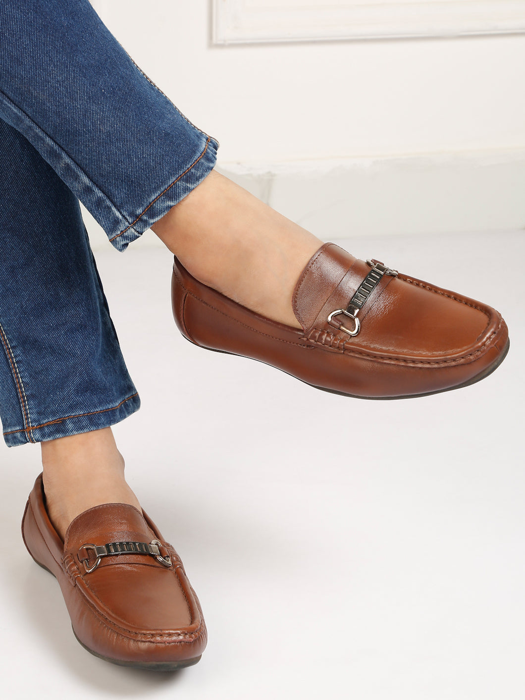 Men Brown Solid Leather Formal Loafers