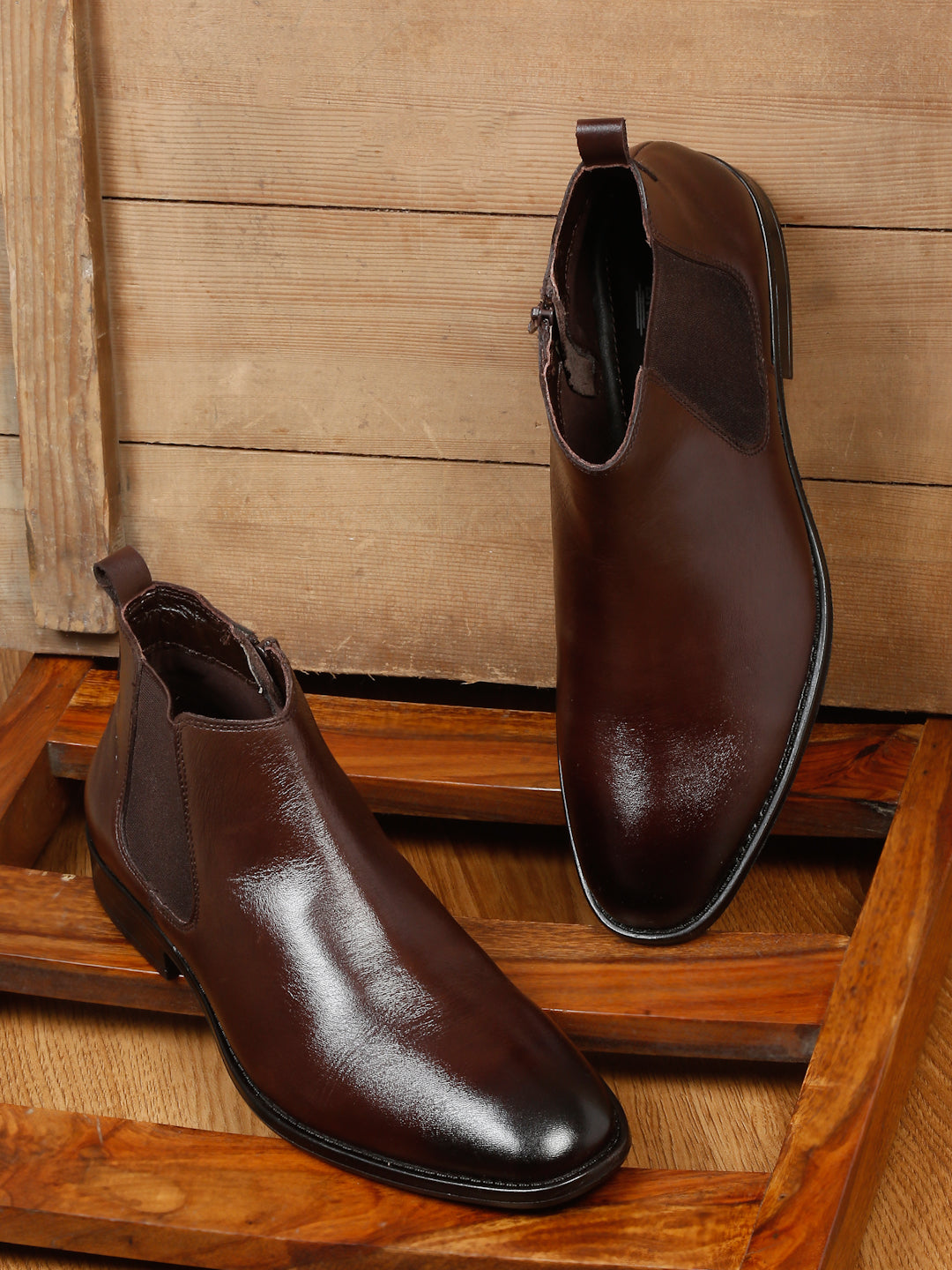 Mens Leather Chelsea Boots With Mid Top Block Heels – Teakwood
