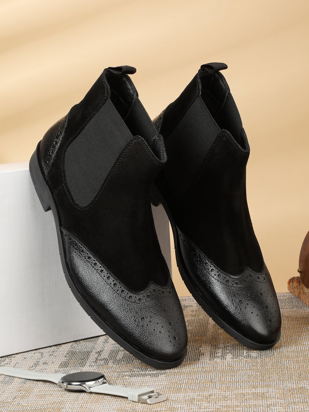Men s Black Suede Leather with laser cut Mid Top Chelsea Boots Teakwood Leathers
