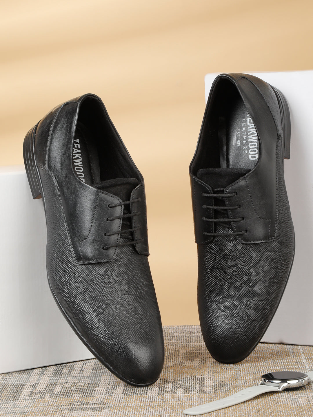 Men s Black Texture Leather Formal Shoes Teakwood Leathers