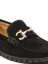 Load image into Gallery viewer, Men&#39;s Black Suede Leather Loafers With Golden Buckle
