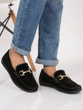 Load image into Gallery viewer, Men&#39;s Black Suede Leather Loafers With Golden Buckle
