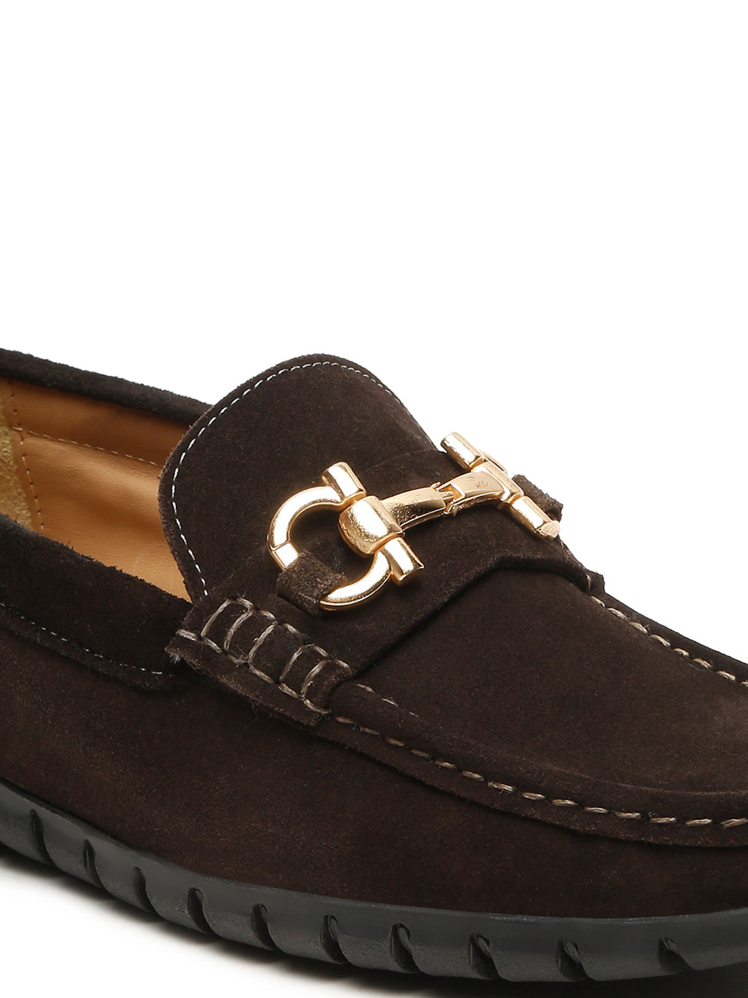 Brown Suede Loafers with Golden Buckle | Teakwood Leathers display picture 3