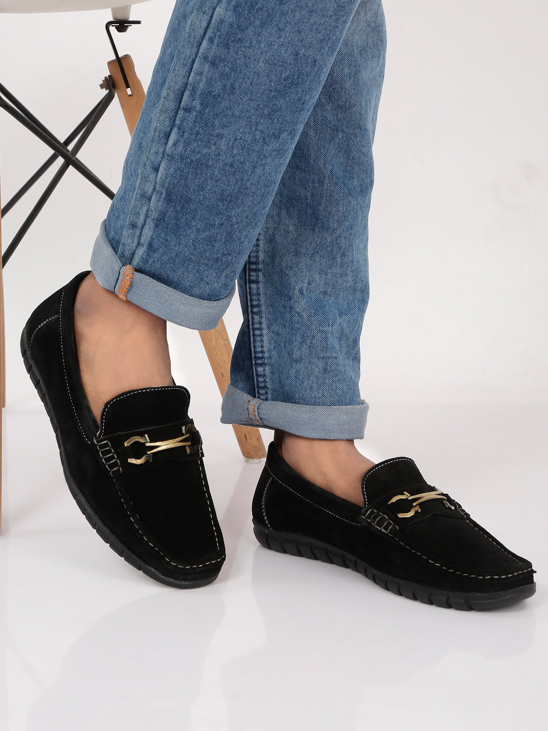 Black suede loafers with gold buckle hotsell