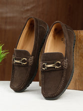 Load image into Gallery viewer, Men&#39;s Brown Suede Leather Loafers With Antique Gold Buckle
