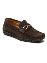 Load image into Gallery viewer, Men&#39;s Brown Suede Leather Loafers With Antique Gold Buckle
