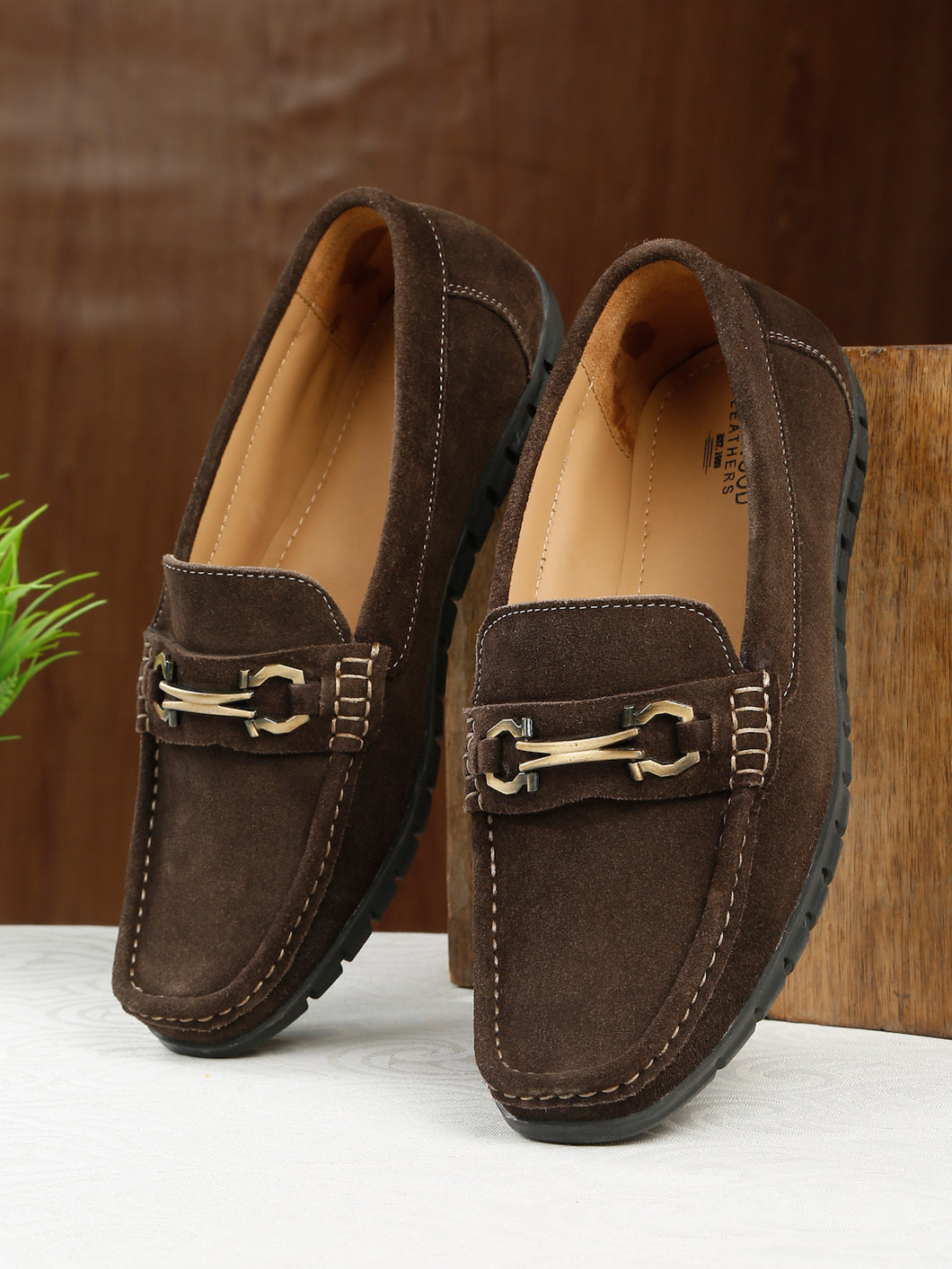 Men's Brown Suede Leather Loafers With Antique Gold Buckle