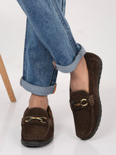 Load image into Gallery viewer, Men&#39;s Brown Suede Leather Loafers With Antique Gold Buckle
