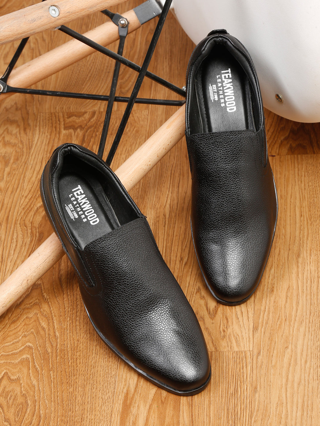 Teakwood Leathers Men Black Textured Leather Slip-on EVA Sole Shoes