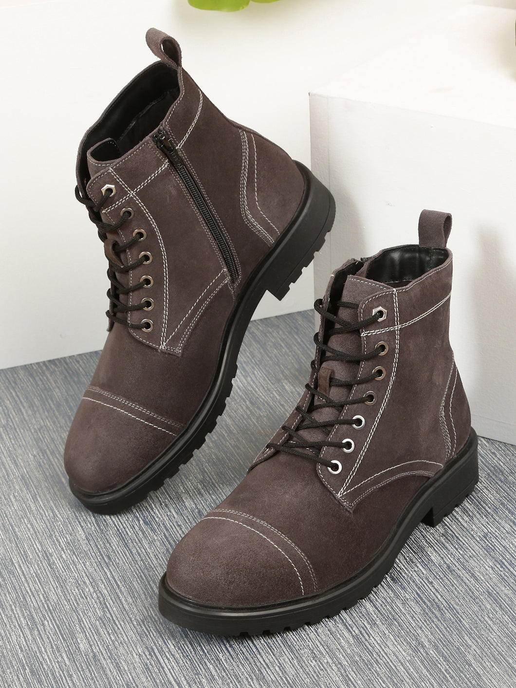 Mens Grey Leather Lace-up Boots - Main Image