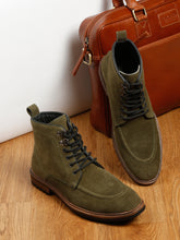 Load image into Gallery viewer, Men Olive Leather Mid Top Lace-Up Boots
