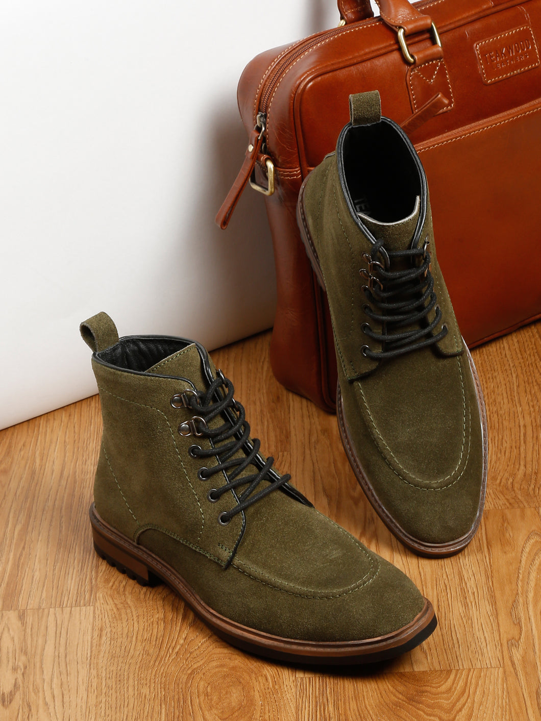 Men Olive Leather Mid Top Lace-Up Boots