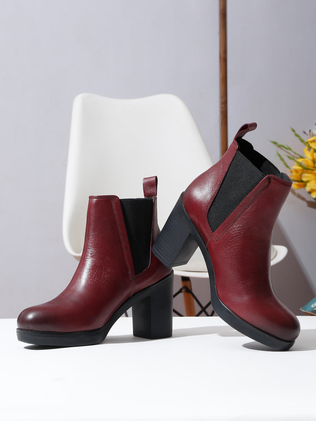 High Heel Red Chelsea Boots Women's Cherry Solid Leather Mid