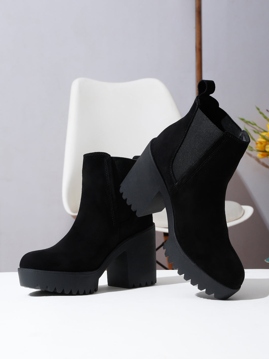 Black suedette chunky chelsea boots best sale