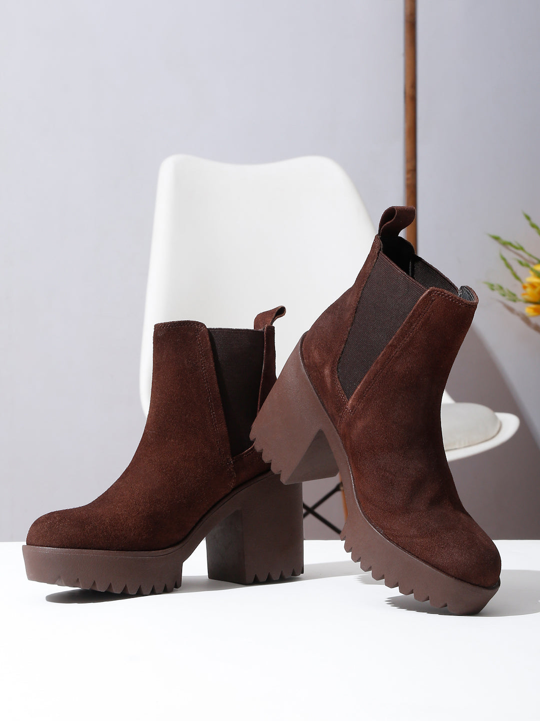 Women's Brown Suede Leather Mid Ankle High Heeled Boots