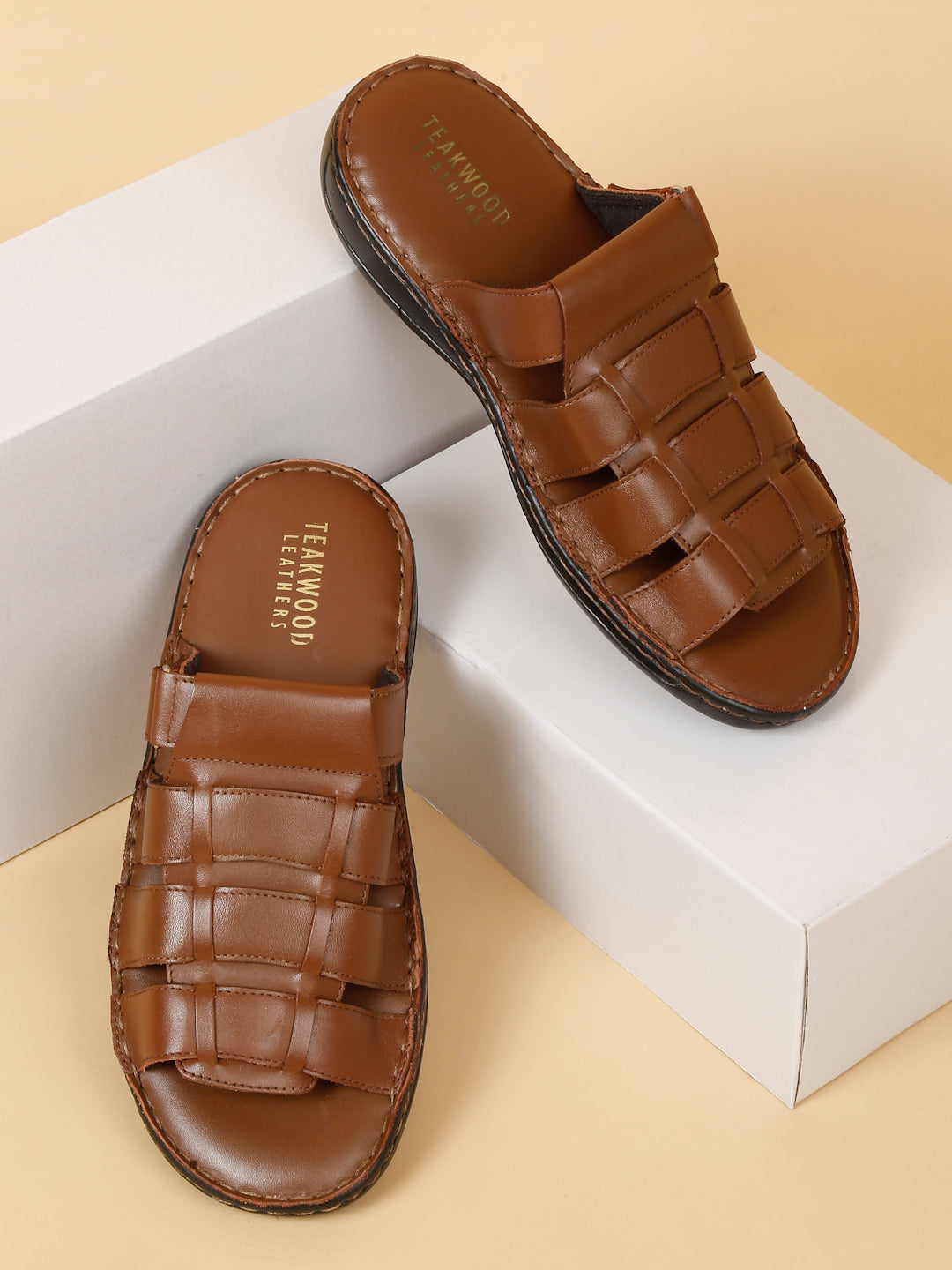 Men Tan Leather Sandals - Main Image