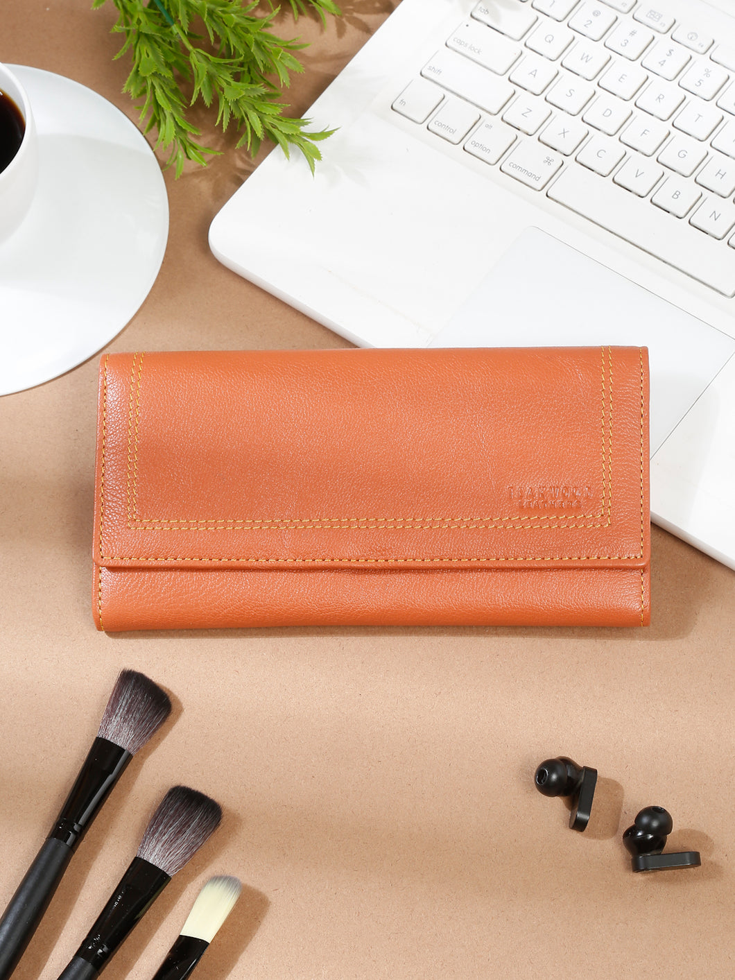 Women Orange Leather Two Fold Wallet