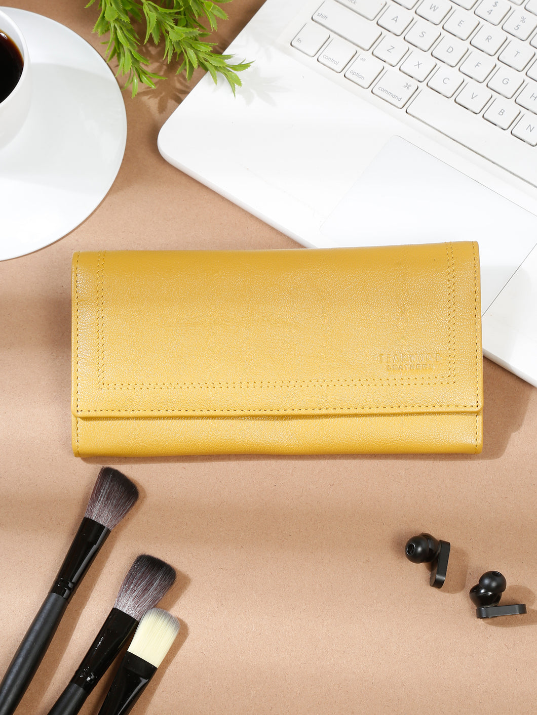 Women Yellow Leather Two Fold Wallet