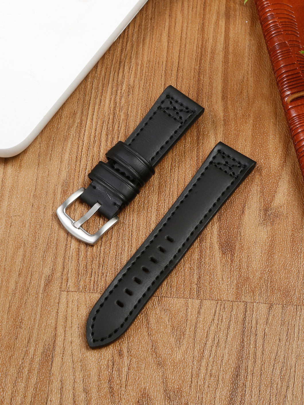 Teakwood black leather casual 22 MM watch strap