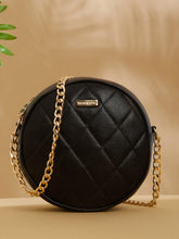 Load image into Gallery viewer, Women Round Black Quilted Leather Sling Bag

