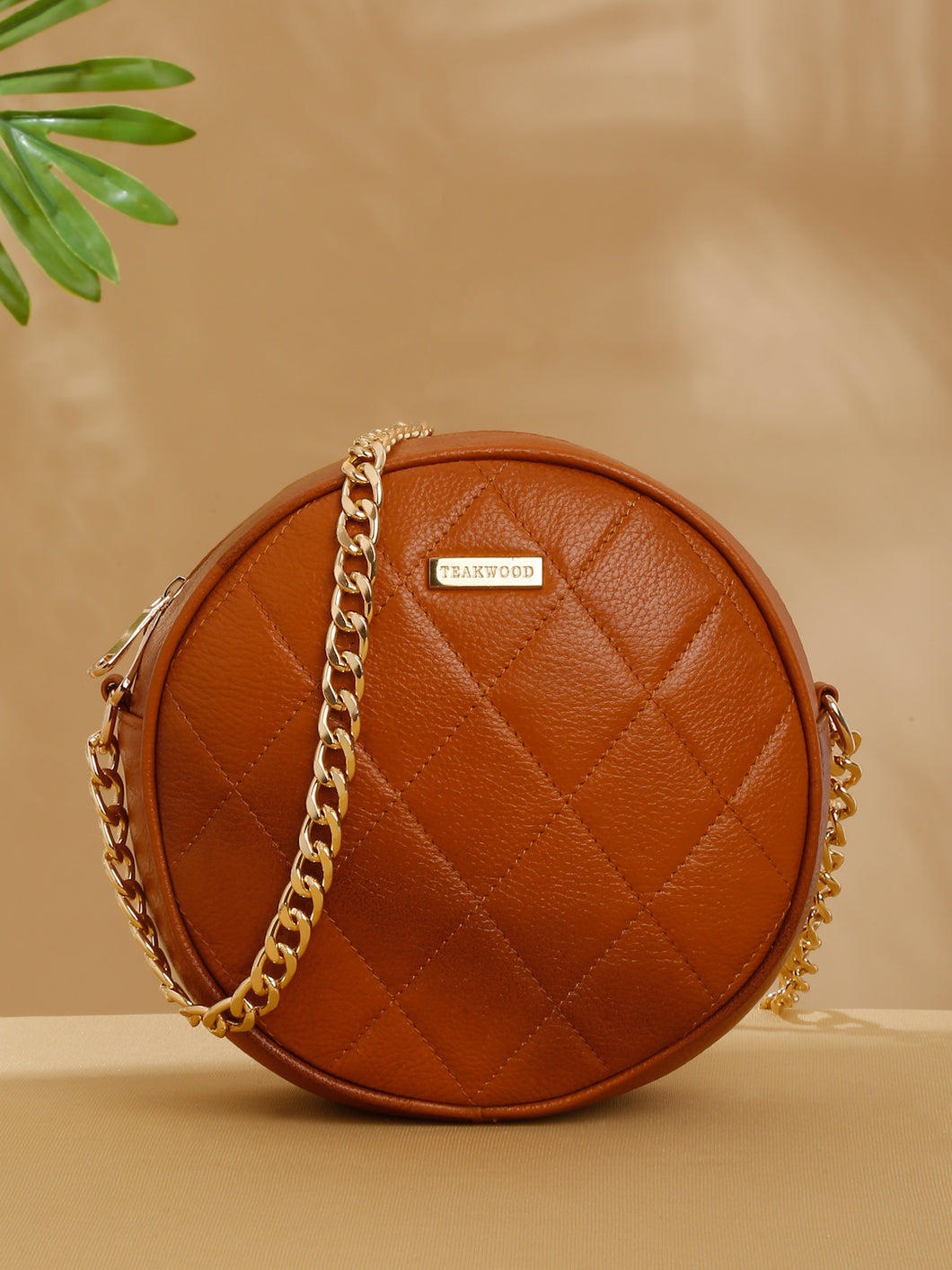 Women Round Tan Quilted Leather Sling Bag