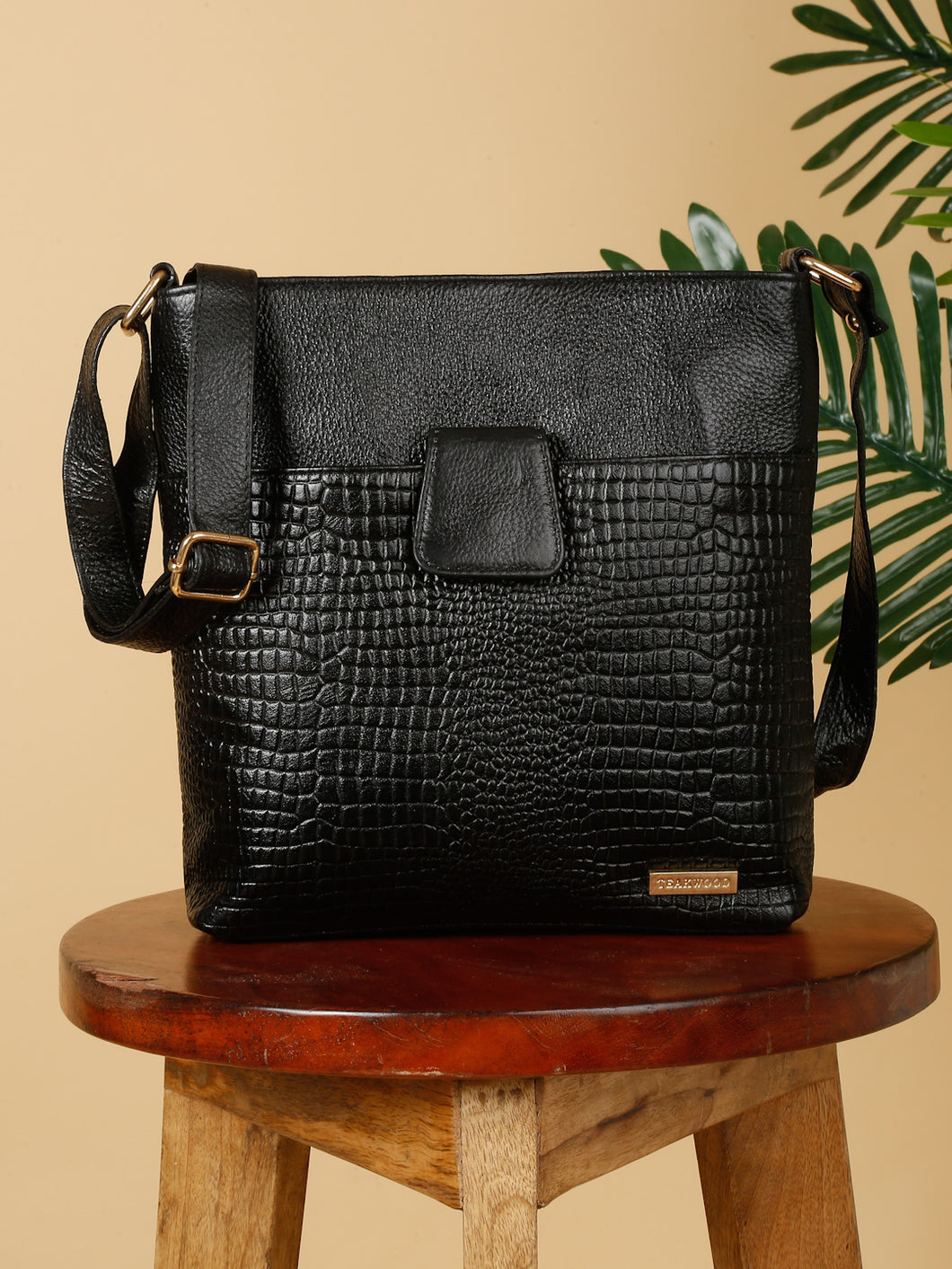 Women Black Leather Croco Pattern Side Bag
