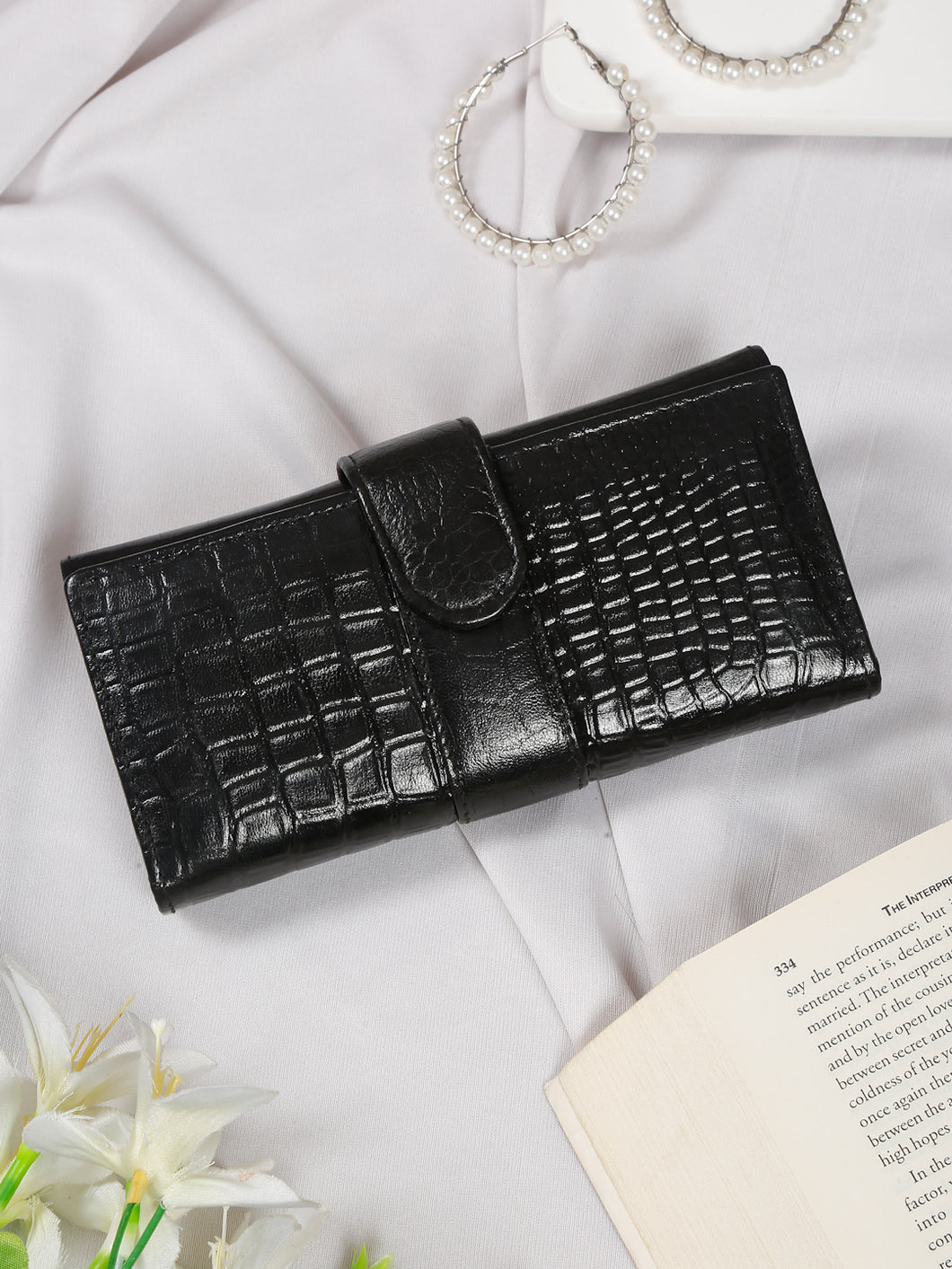 Teakwood Croco Texture Black Women's Two Fold Wallet