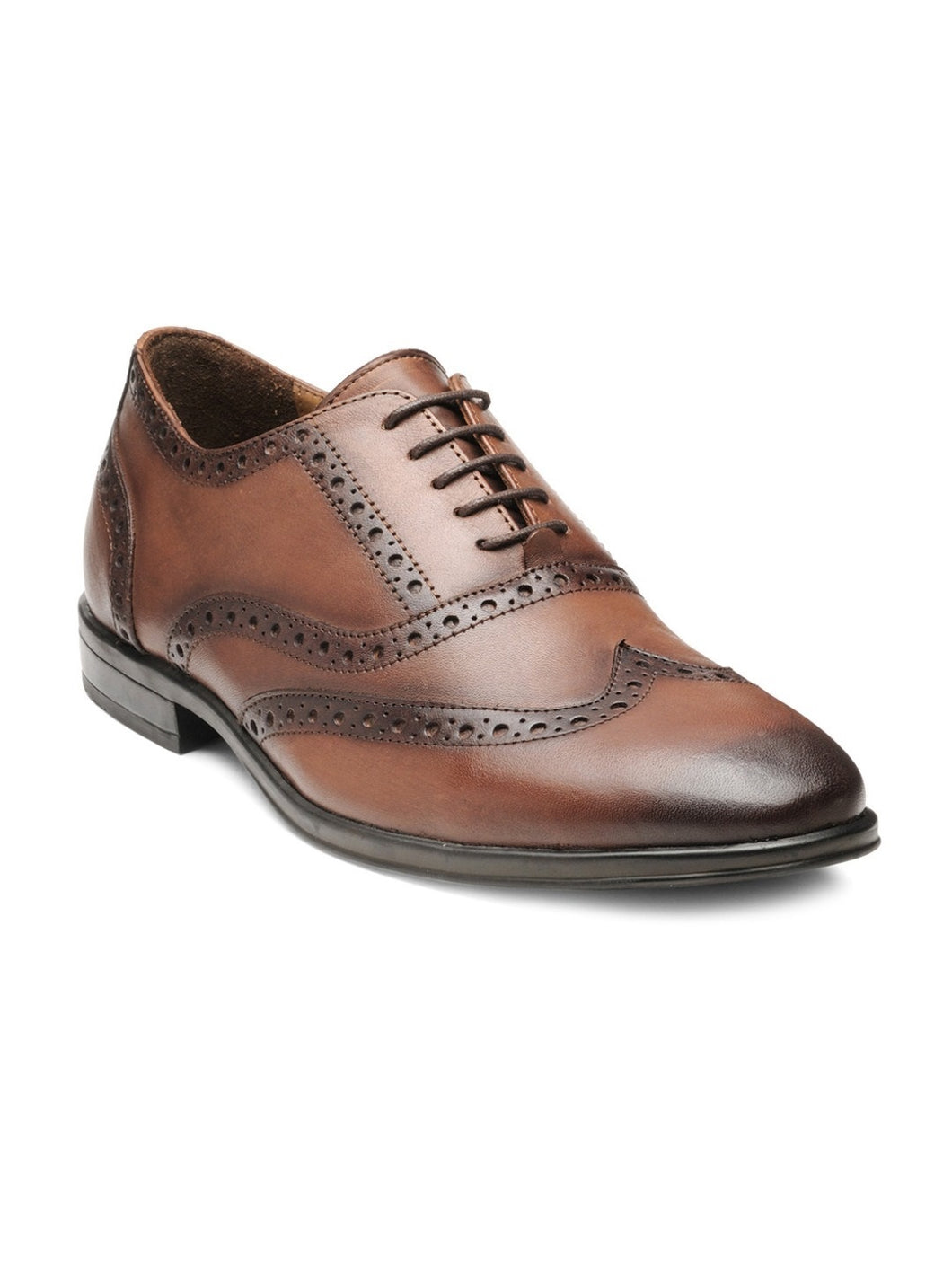 Men Brown Solid Leather Round Toe Formal Brogues