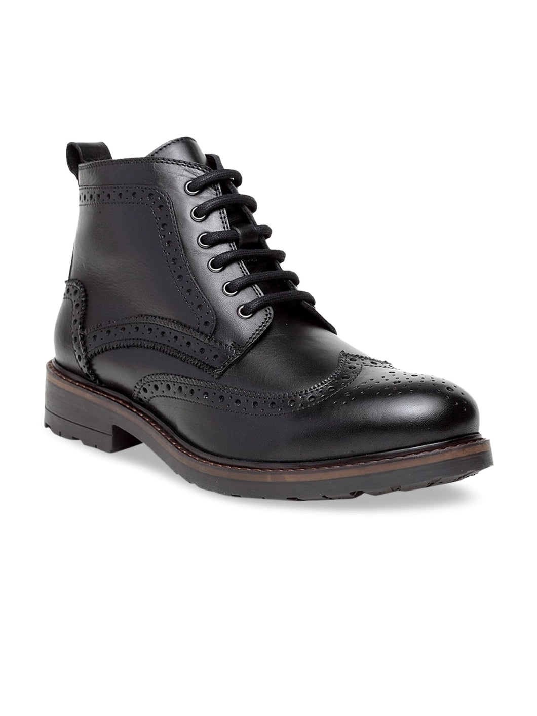 Men Black Solid Leather Round Toe Mid-Top Flat Boots