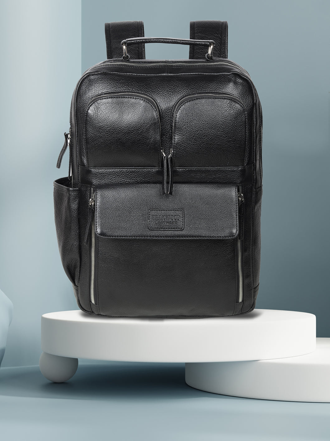 Teakwood Unisex Genuine Leather Black Solid Backpack||Unisex Laptop Bag/Backpack