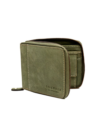 Teakwood Genuine Leathers Men Green Solid Zip Around Wallet