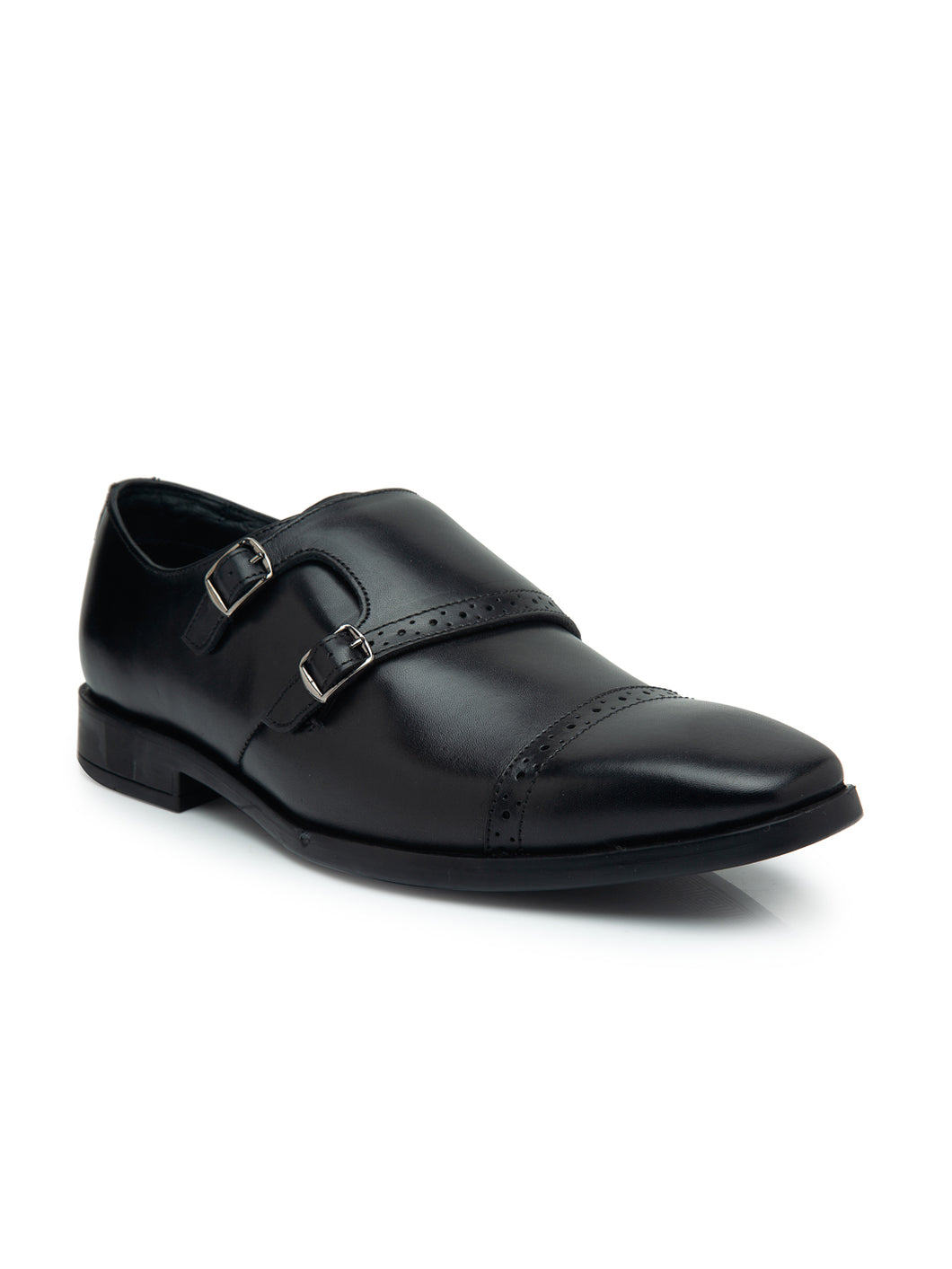 Teakwood Men Genuine Leather Double-Strap Monk Shoes(BLACK)