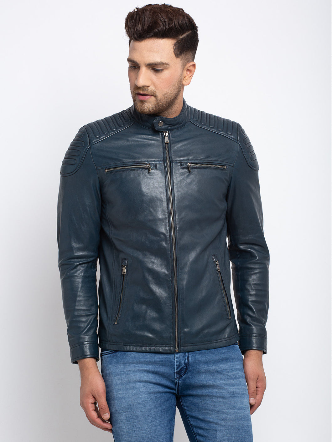 Mens light blue leather jacket best sale