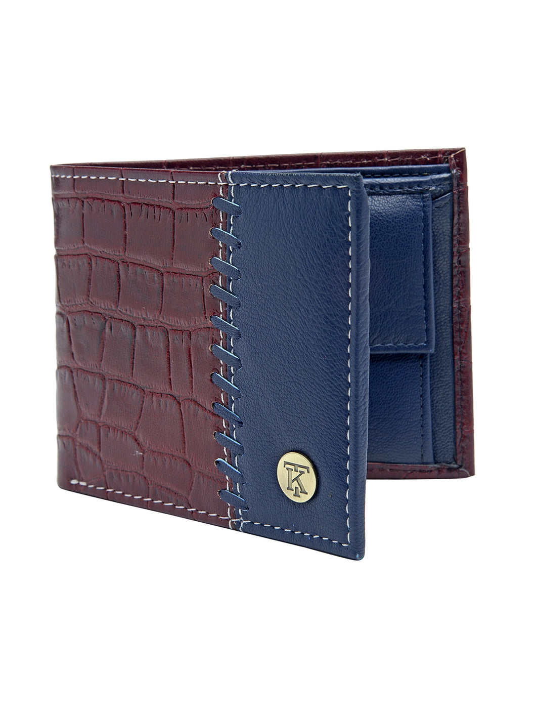 Teakwood Unisex Genuine Leather Maroon & Blue Bi Fold RFID Solid Wallet with Stitch Embroidery||Textured Maroon & Blue color 100% Genuine Leather Men's Wallet||Unisex Leather Bi Fold Wallet