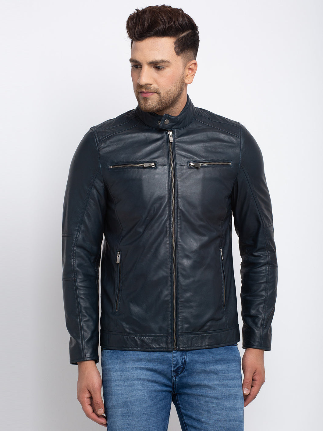 Teakwood Leathers  Men's 100% Genuine Navy Blue Leather Jacket