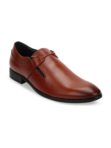 Men Brown Solid Leather Round Toe Formal Slip-Ons