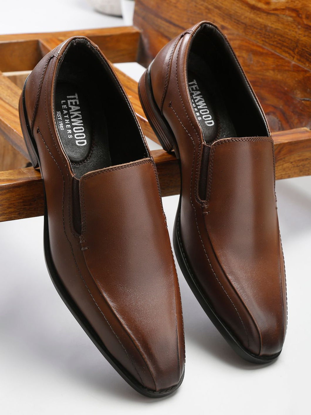 Men Brown Solid Leather Formal Slip-On