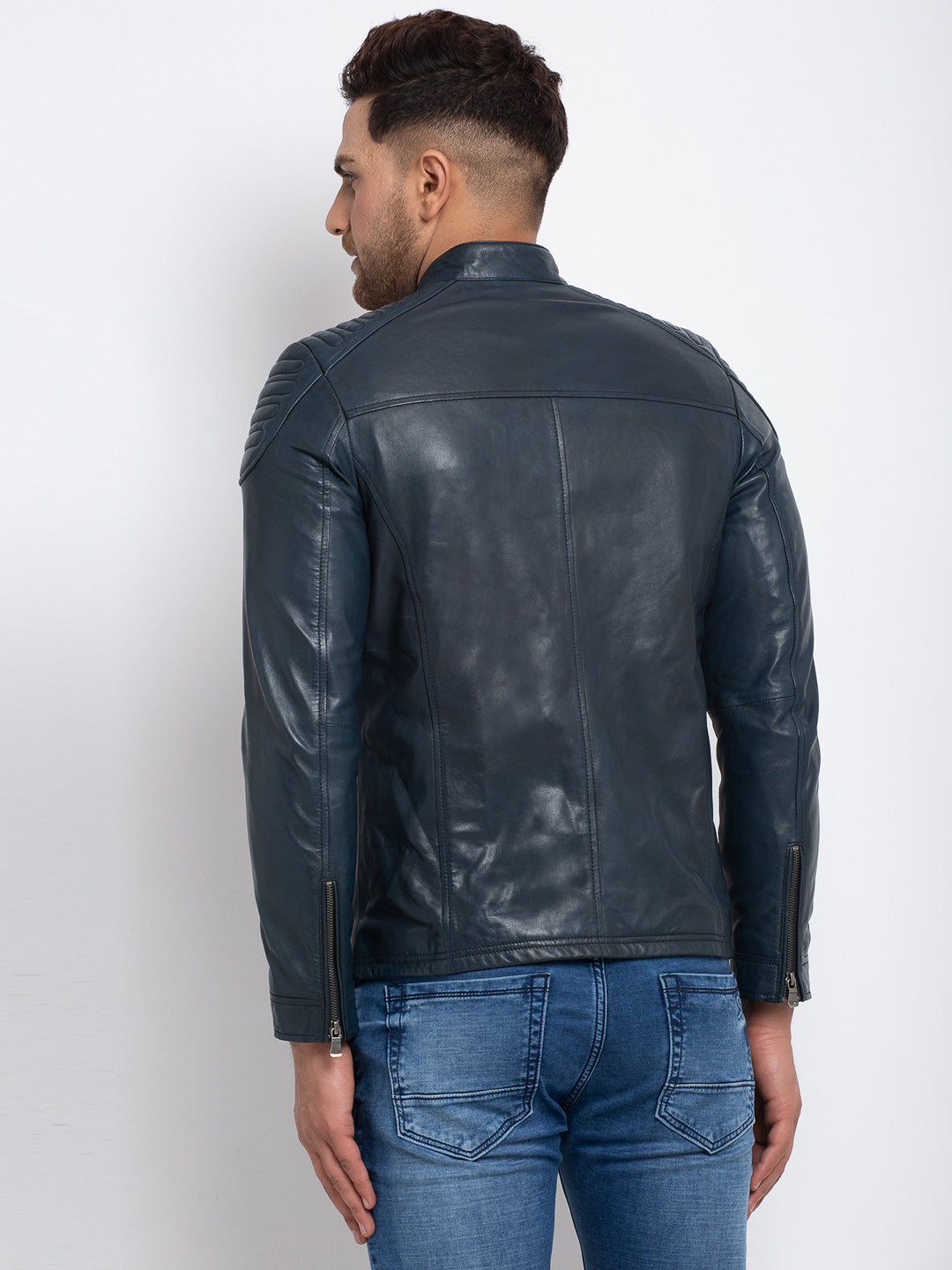 Blue genuine leather jacket shop