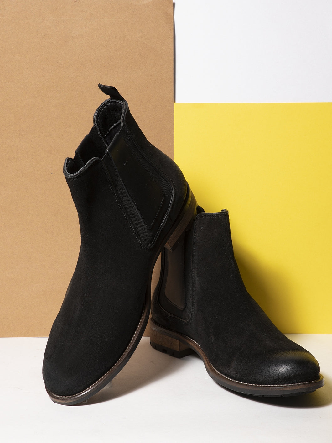 Teakwood Men Black Solid Suede Leather High-Top Flat Boots