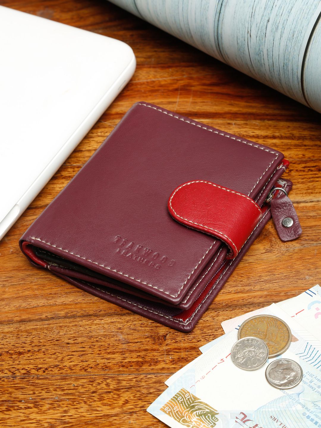 Women Red Solid Genuine Leather Two Fold Wallet Clearance sale